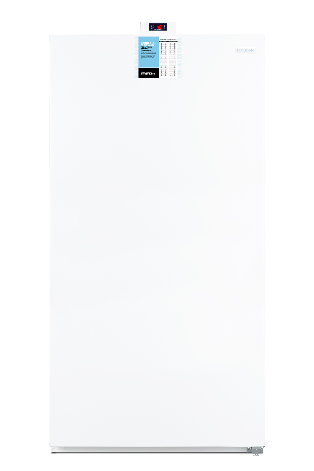 Upright all-refrigerator for general purpose storage with digital controls and white exterior finish
